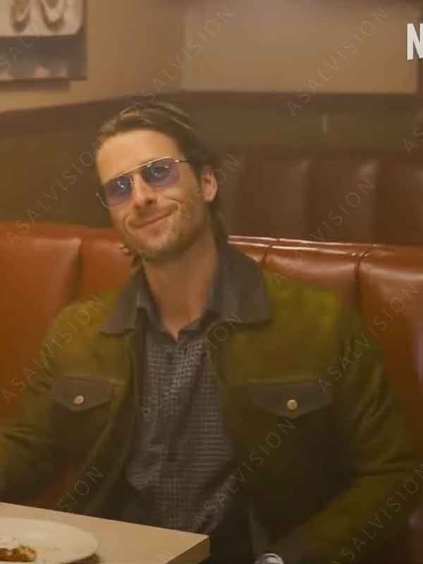 Glen Powell Movie Hit Man 2024 Gary Johnson Green Suede Leather Trucker Jacket