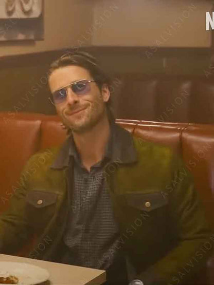 Glen Powell Movie Hit Man 2024 Gary Johnson Green Suede Leather Trucker Jacket