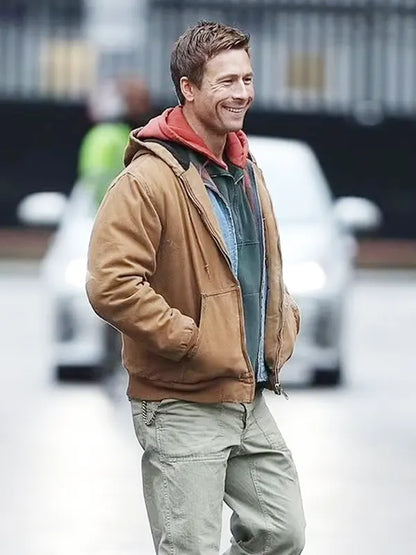Glen Powell The Running Man Ben Richards Brown Cotton Jacket