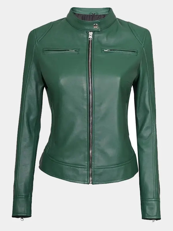 Green Biker Cafe Racer Leather Jacket For Women