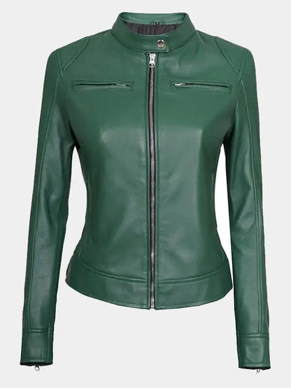 Green Biker Cafe Racer Leather Jacket For Women