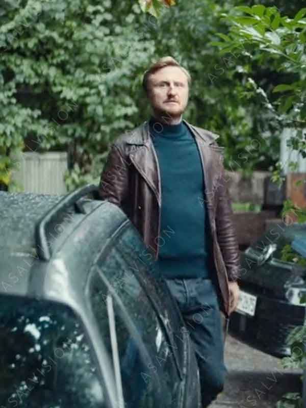 Gregor TV Series The Signal 2024 Michael Kranz Brown Belted Leather Coat