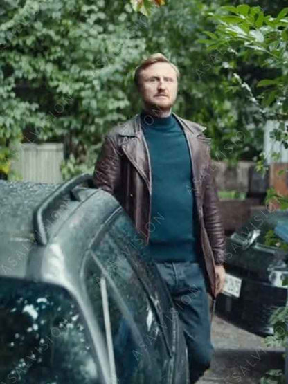 Gregor TV Series The Signal 2024 Michael Kranz Brown Belted Leather Coat