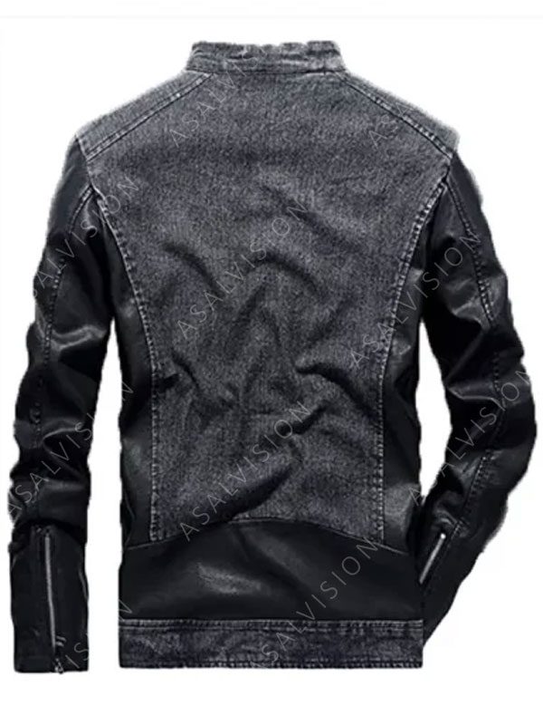 Grey Denim Leather Sleeves Slim-Fit Jacket For Mens