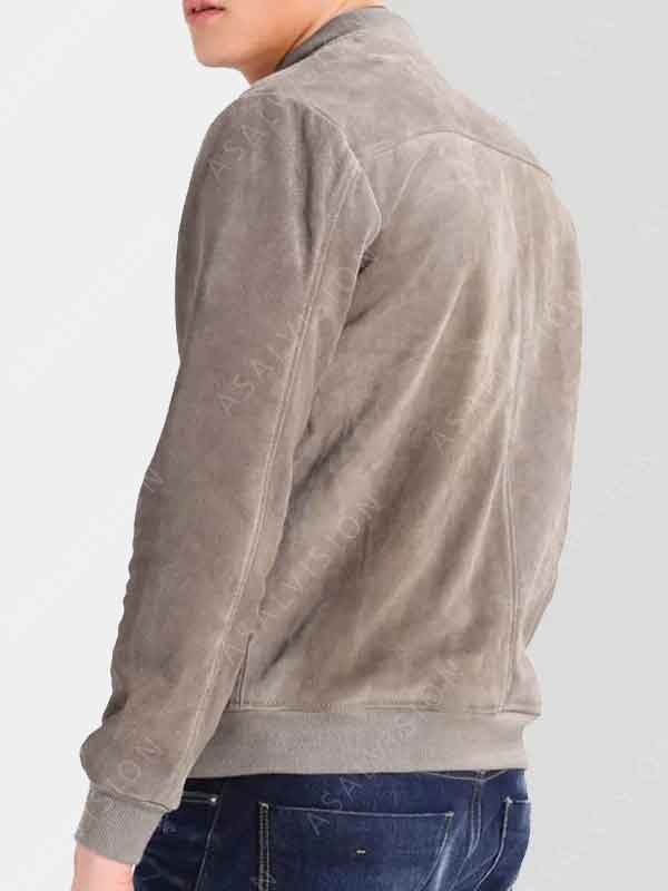 Grey Suede Leather Bomber Jacket For Mens