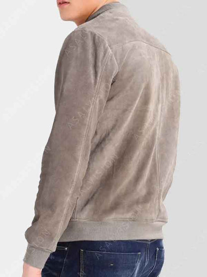 Grey Suede Leather Bomber Jacket For Mens