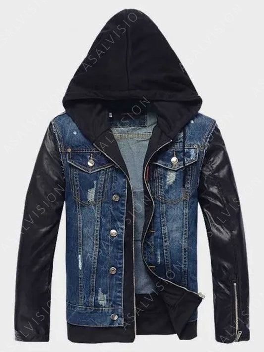 Hooded Leather Denim Blue Jacket