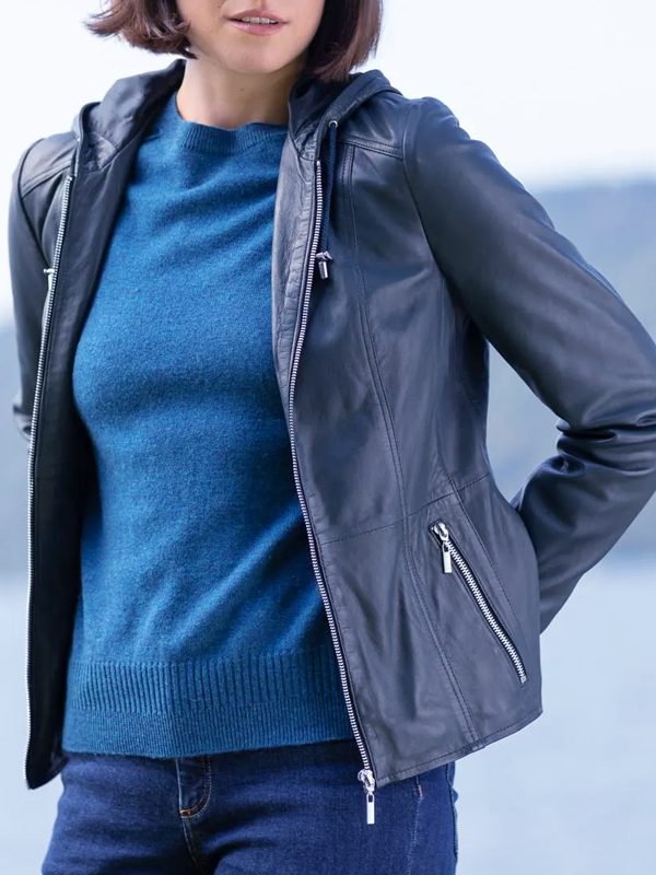 Hooded Leather Jacket Blue