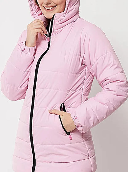 Hooded Pink Warm Puffer Jacket For Women's