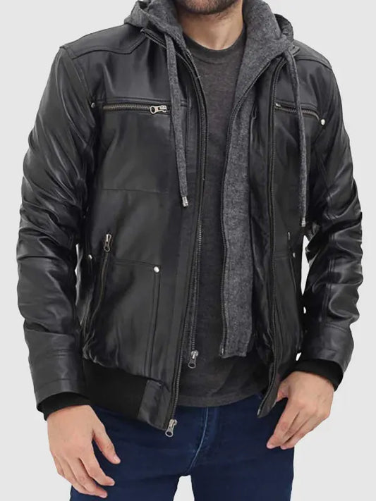 Hooded Style Bomber Leather Jacket For Men's