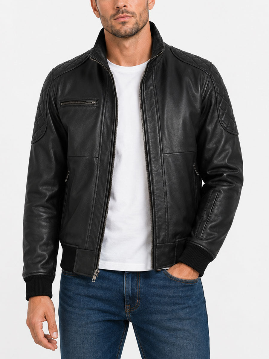 Hooded Leather Jacket With Quilted Shoulders