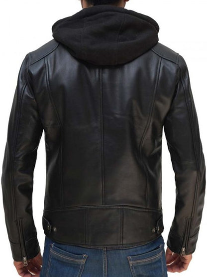Hot Black Leather Jacket With Hood For Men's
