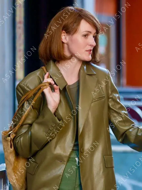 Ingrid Movie A Different Man 2024 Renate Reinsve Olive Green Leather Blazer
