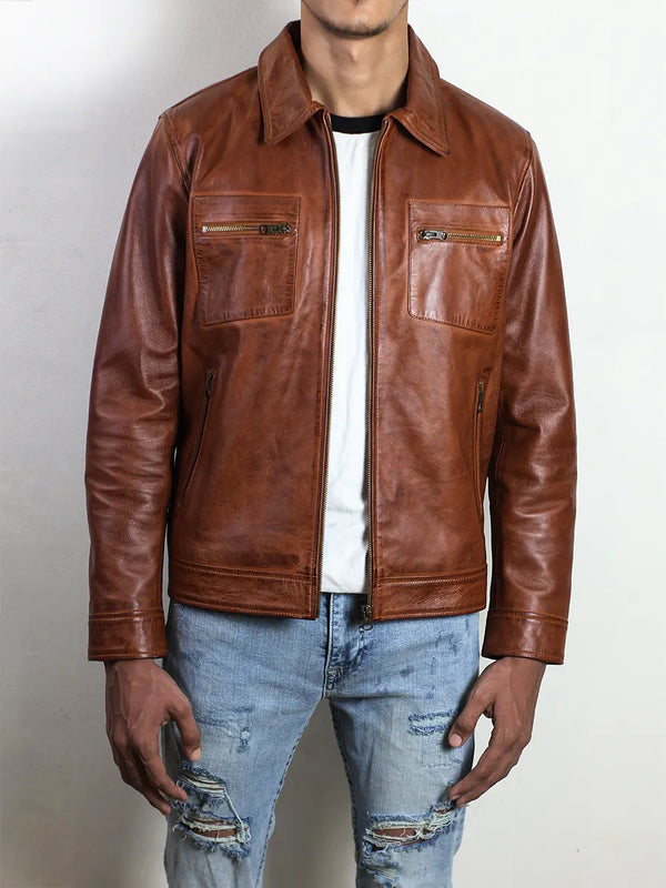 IronHaven Men's Cognac Brown Rugged Lambskin Jacket