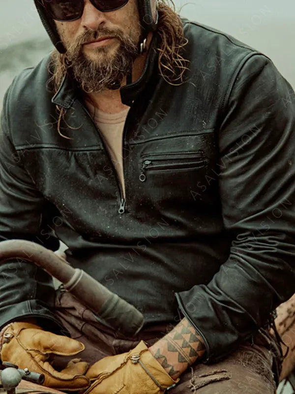 Jason Momoa TV Series On The Roam 2024 Half Zipper Black Leather Jacket