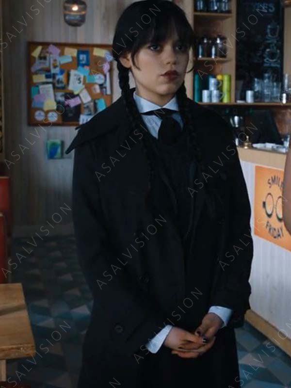 Jenna Ortega Black Trench Wool Coat