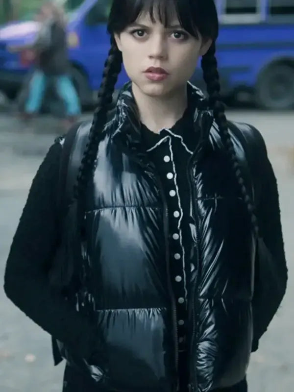 Jenna Ortega TV Series Wednesday S02 Addams Black Puffer Vest