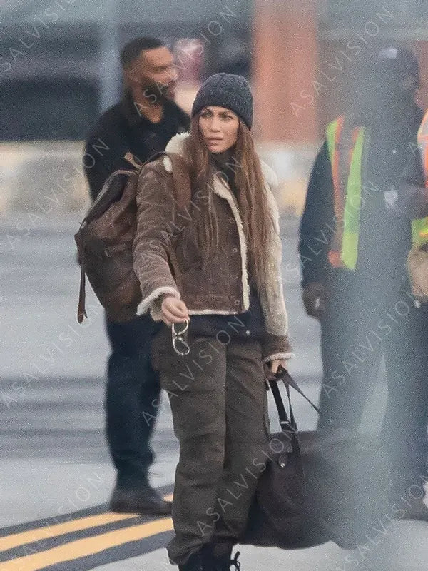 Jennifer Lopez The Mother 2023 Brown Fur Shearling Leather Jacket