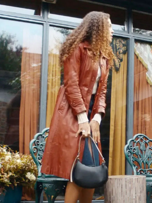 Jessica Plummer Missing You Season 1 Stacey Embalo Brown Leather Coat