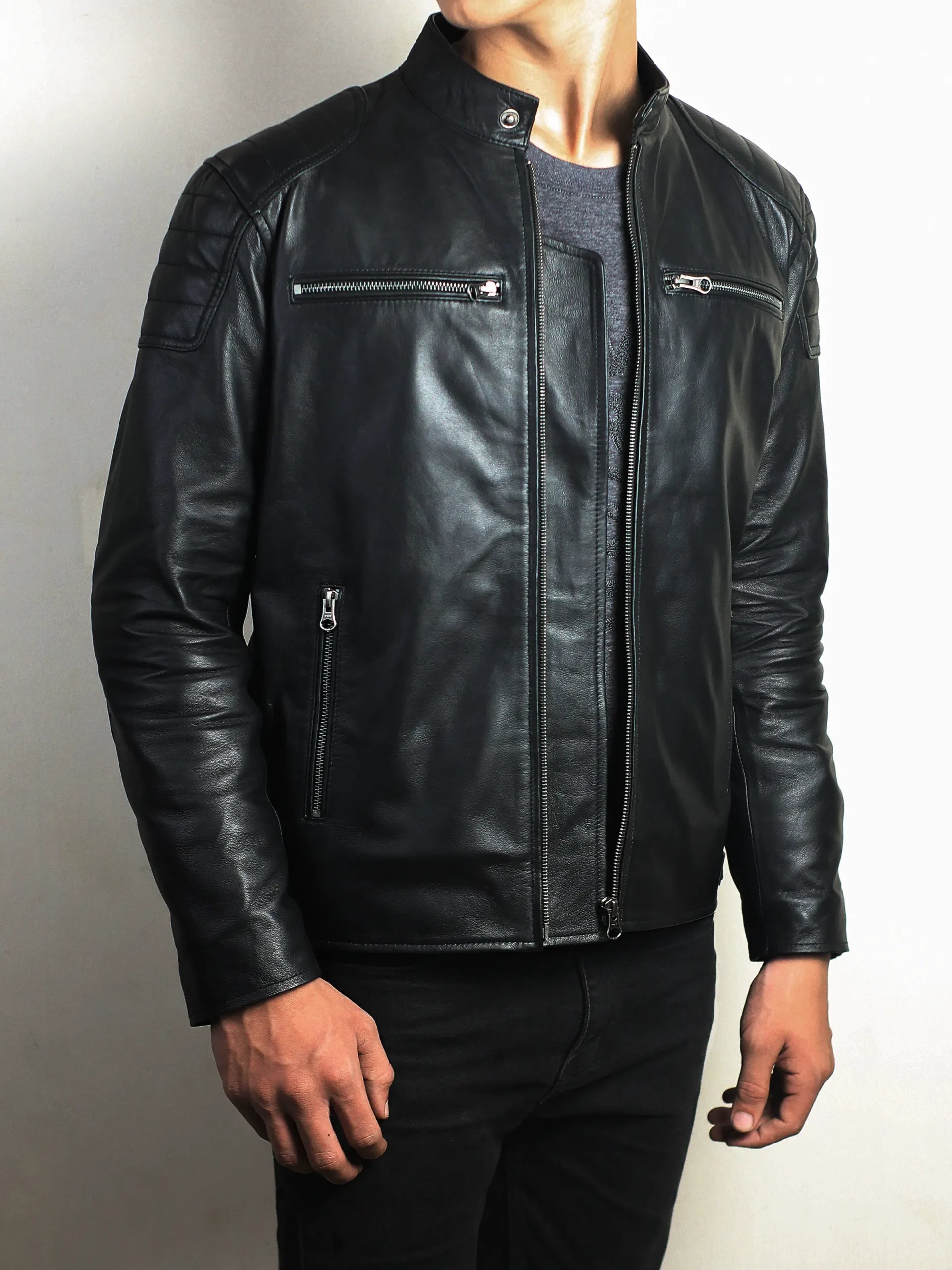 Jet Black Café Racer Leather Jacket
