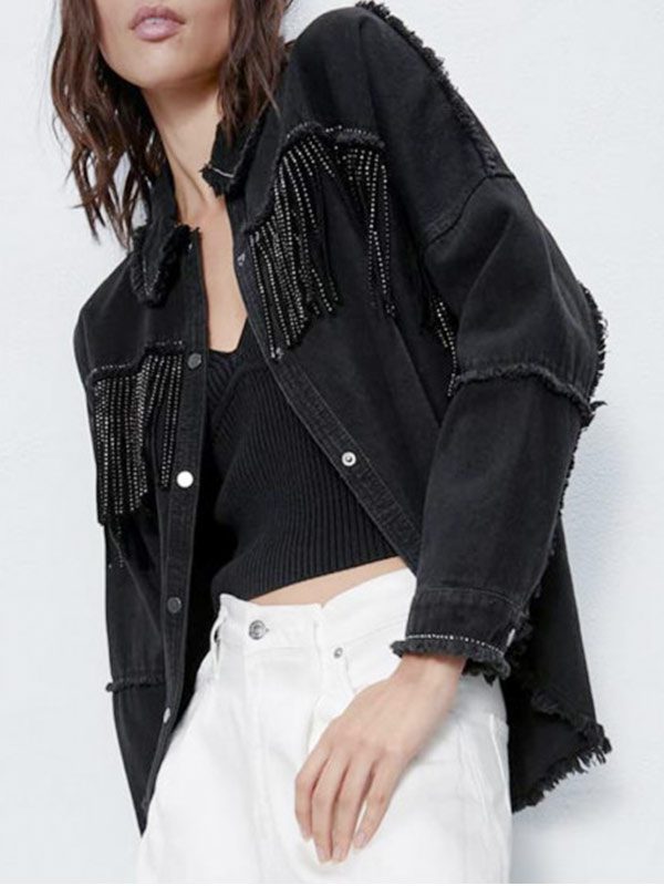 Jodie Comer Killing Eve Villanelle Black Fringe Denim Jacket