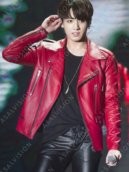 Joe Jungkook Red Motorcycle Biker Leather Jacket