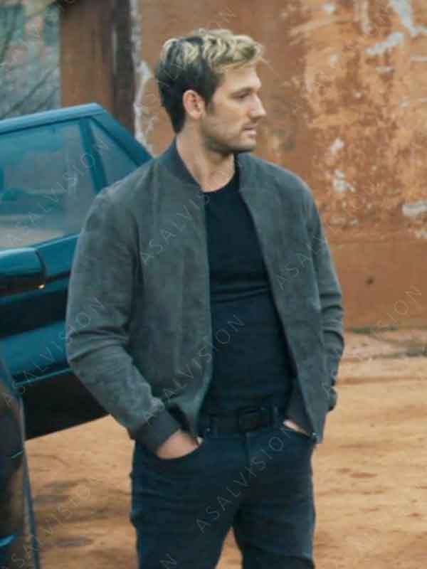 John Branca Movie Chief Of Station 2024 Alex Pettyfer Grey Bomber Jacket