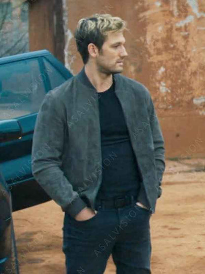 John Branca Movie Chief Of Station 2024 Alex Pettyfer Grey Bomber Jacket