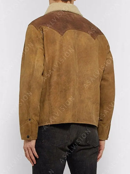 John Dutton Yellowstone Season 3 Kevin Costner Sherpa Brown Leather Jacket