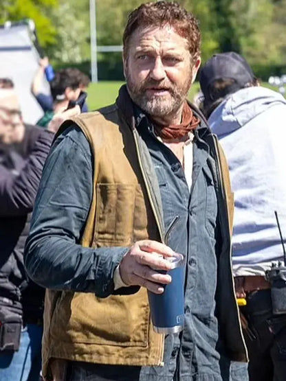 John Garrity Greenland Migration 2025 Gerard Butler Brown Vest