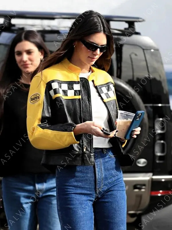 Kendall Jenner Aspen Trip 2023 Black And Yellow Block Biker Leather Jacket