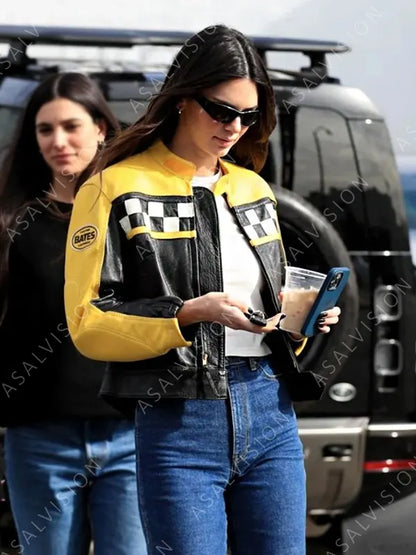 Kendall Jenner Aspen Trip 2023 Black And Yellow Block Biker Leather Jacket