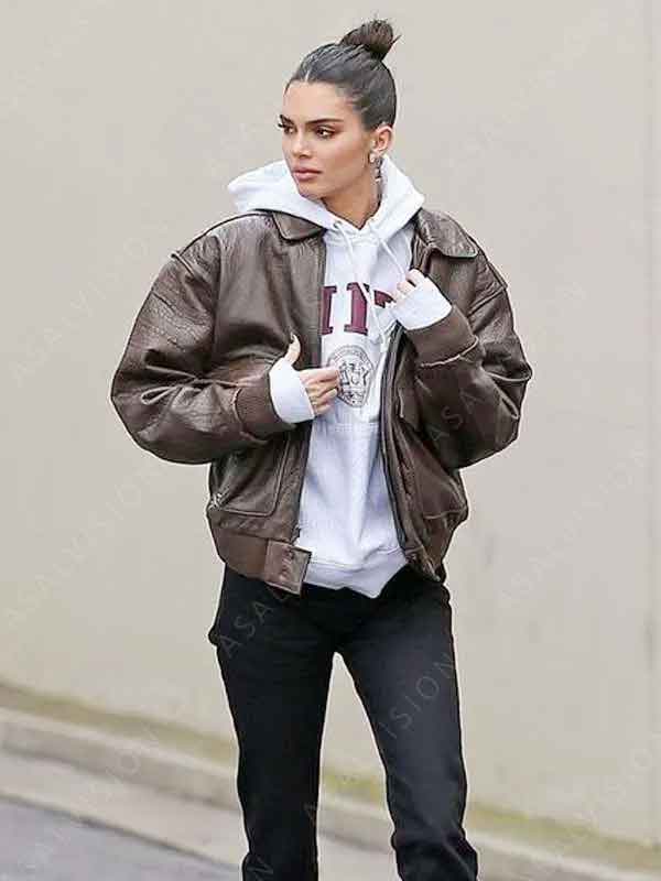 Kendall Jenner Brown Bomber Leather Jacket