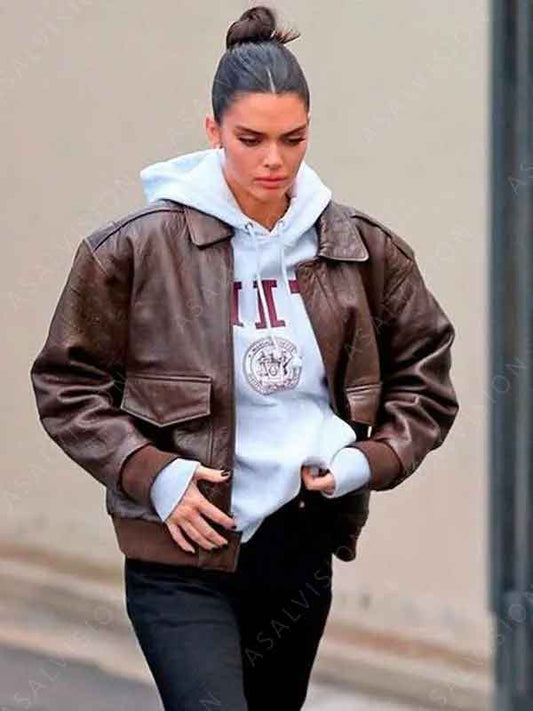 Kendall Jenner Street Style Brown Bomber Leather Jacket