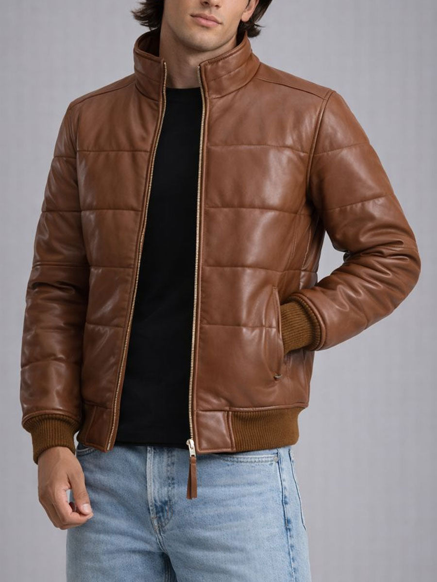 Knoxen Brown Puffer Bomber Leather Jacket