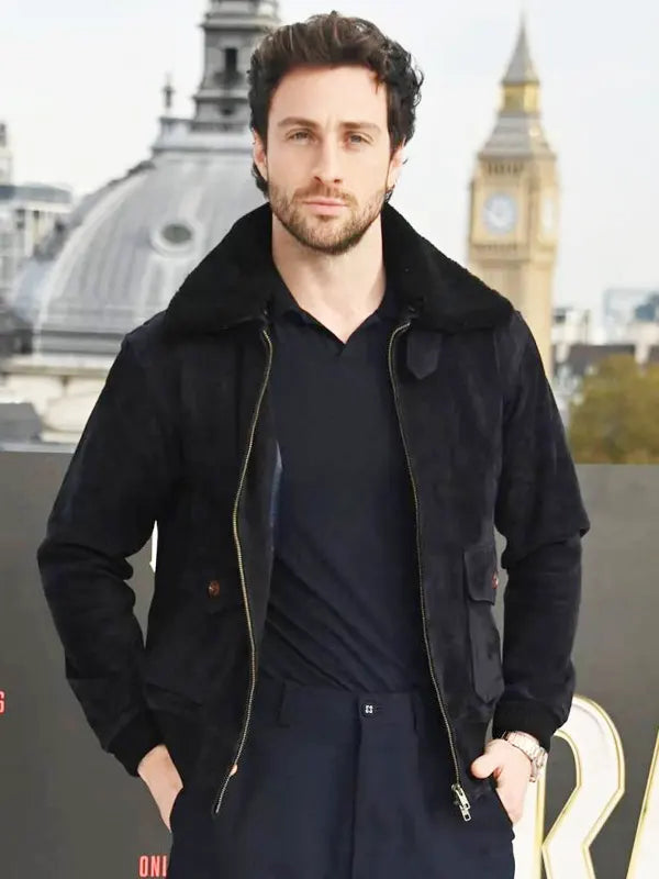 Kraven the Hunter 2024 Aaron Taylor-johnson Black Suede Bomber Jacket