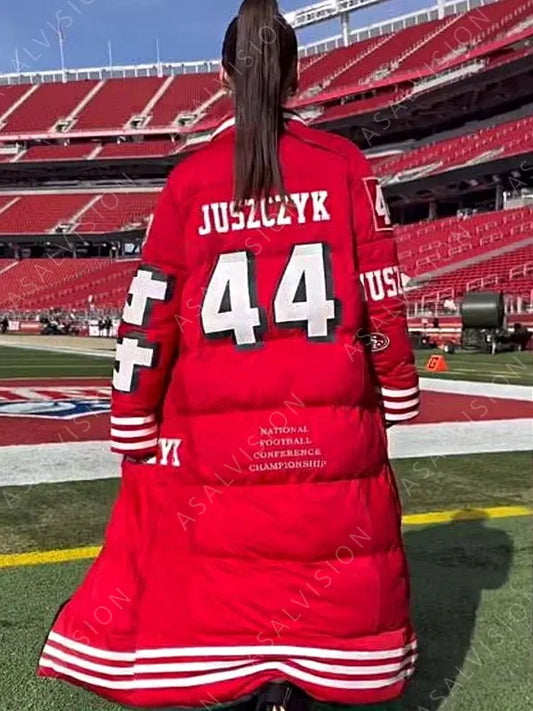Kristin Juszczyk 49ers Red Long Puffer Coat