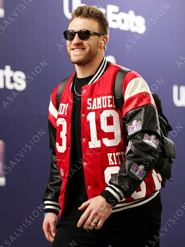 Kristin Juszczyk Super Bowl LVIII 49ers Kyle Juszczyk Black And Red Bomber Jacket