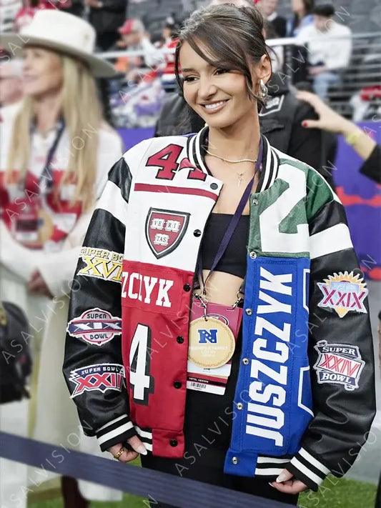 Kristin Juszczyk Super Bowl LVIII 49ers Multicolor Patches Bomber Jacket