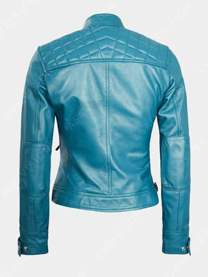 Ladies Slimfit Sky Blue Cafe Racer Genuine Jacket