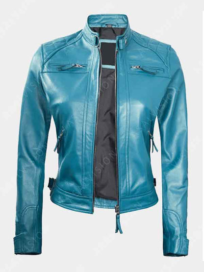 Ladies Slimfit Sky Blue Cafe Racer Genuine Leather Jacket