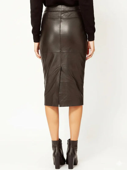 Black Real Leather Midi Skirt