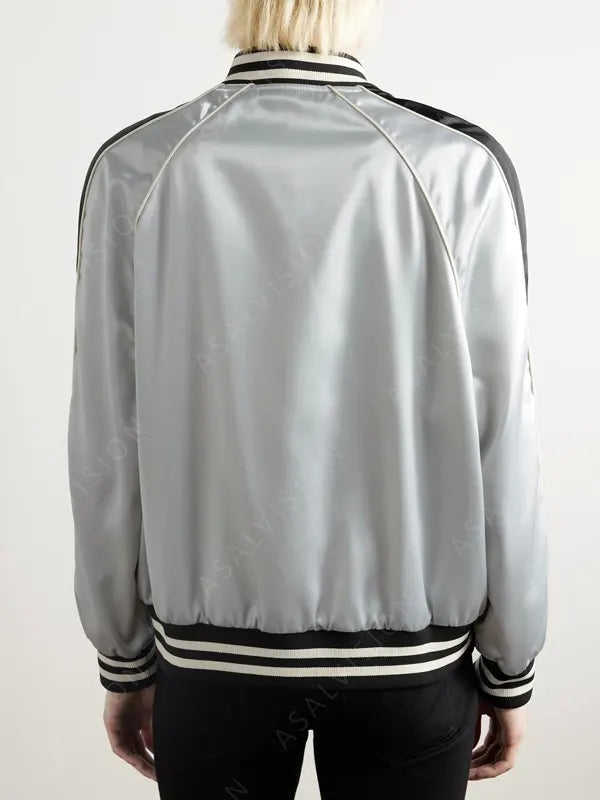 Lady Gaga Silver Metallic Satin Baseball Jacket