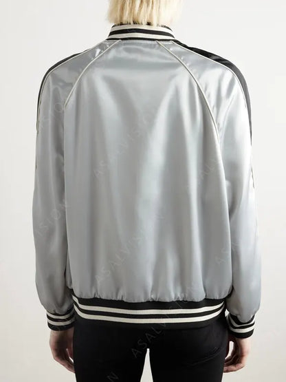 Lady Gaga Silver Metallic Satin Baseball Jacket