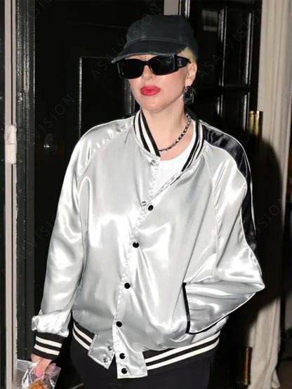 Lady Gaga Silver Varsity Bomber Jacket