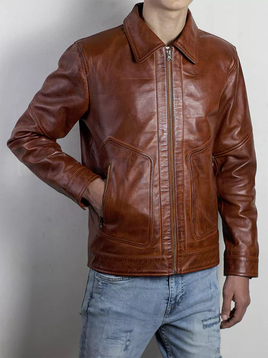 Leather Brown Shirt Collar Jacket