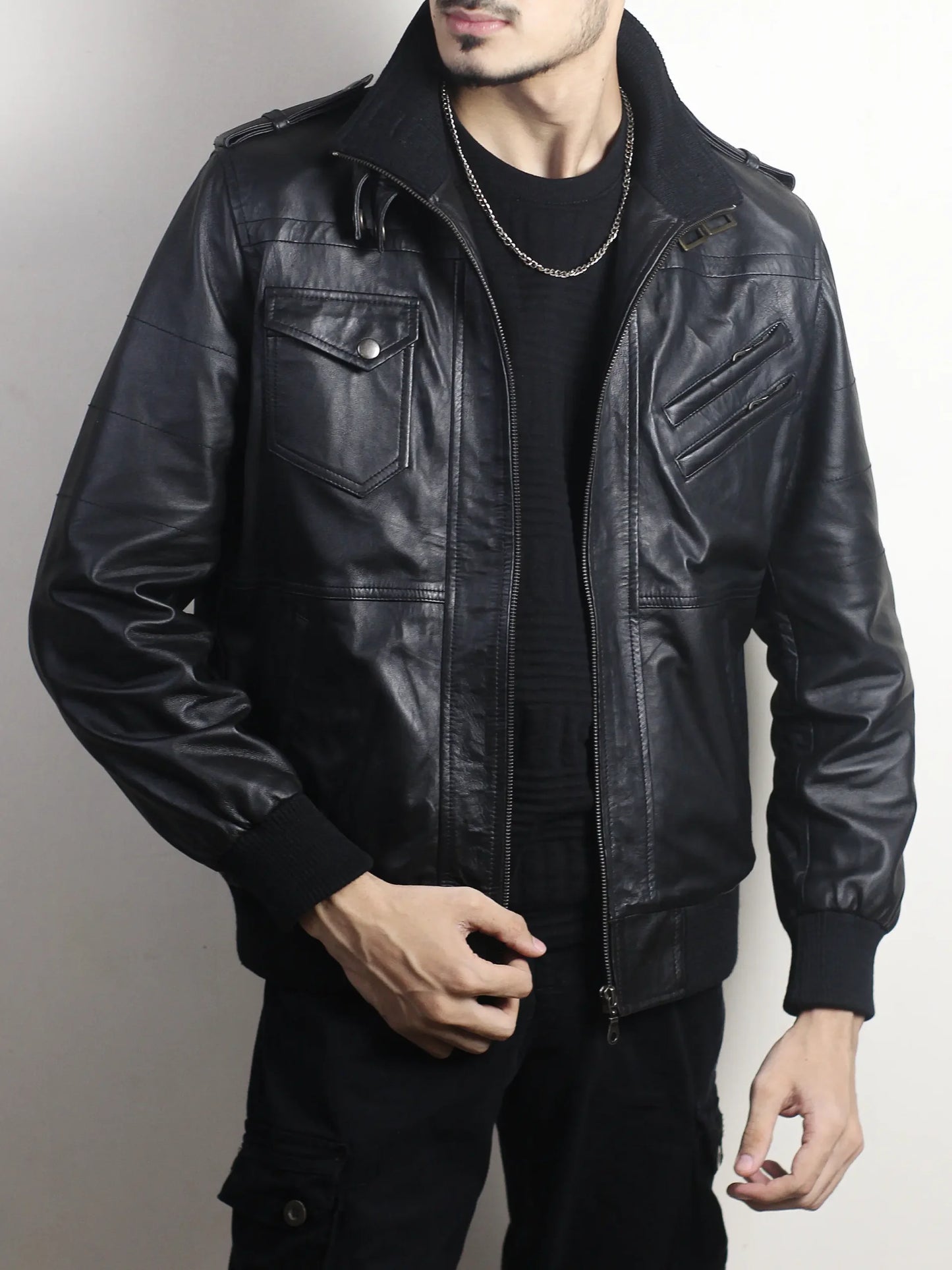 Leather Hooded Bomber Jacket
