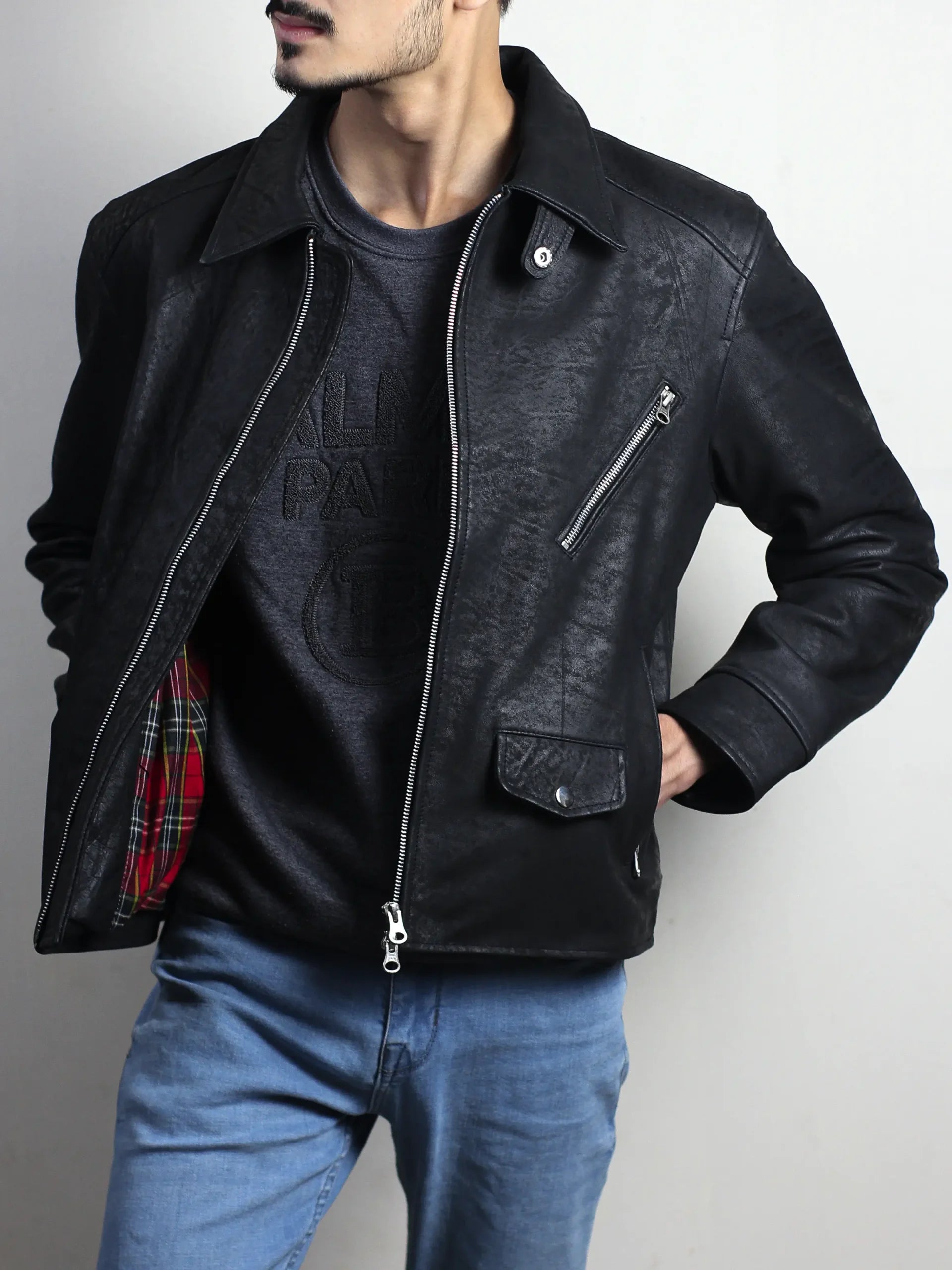 Leather Jacket With Plaid Lining