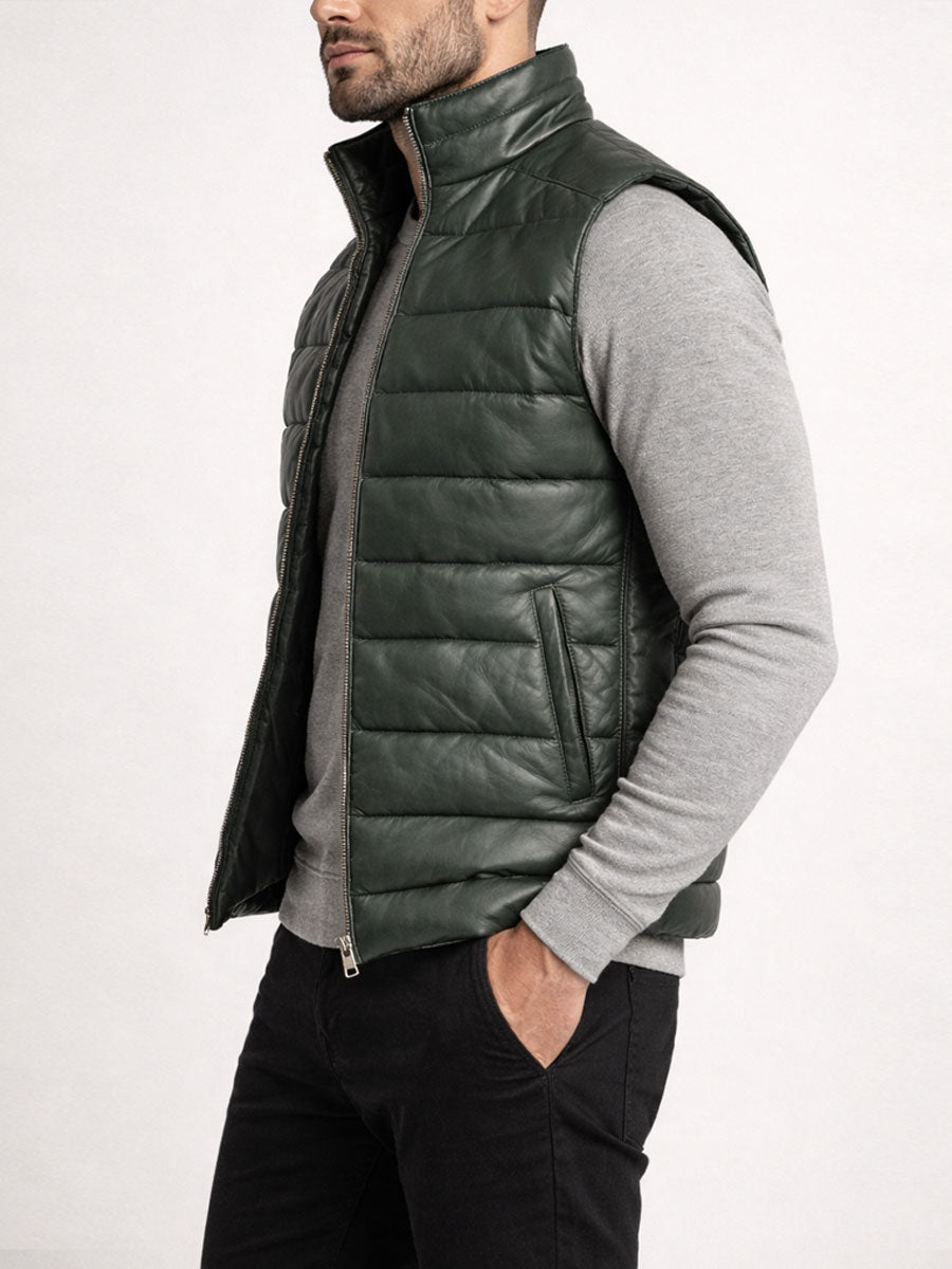 Green Leather Puffer Vest