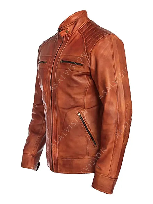 Lennox Quilted Brown Fashion Leather Biker Cafe Racer Motorcycle Jacket 